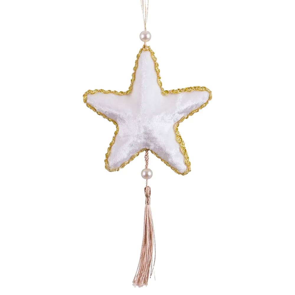 Décoration sapin de noël à suspendre étoile tissu velours blanc 5x5x9c