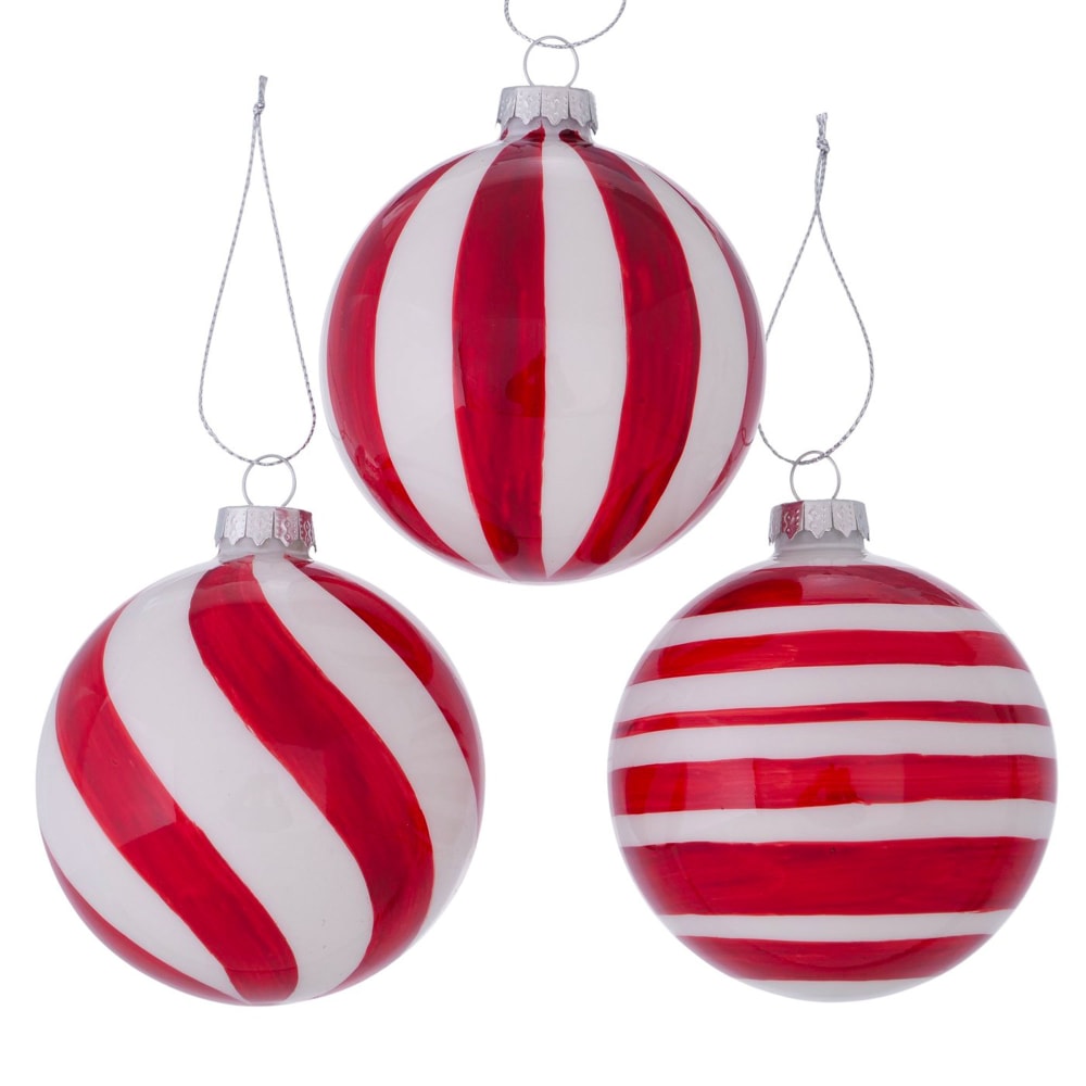 Set de 3 boules de noël en verre rouge et blanc 8x8x10cm Set de 3 boules de noël en verre rouge et blanc 8x8x10cm