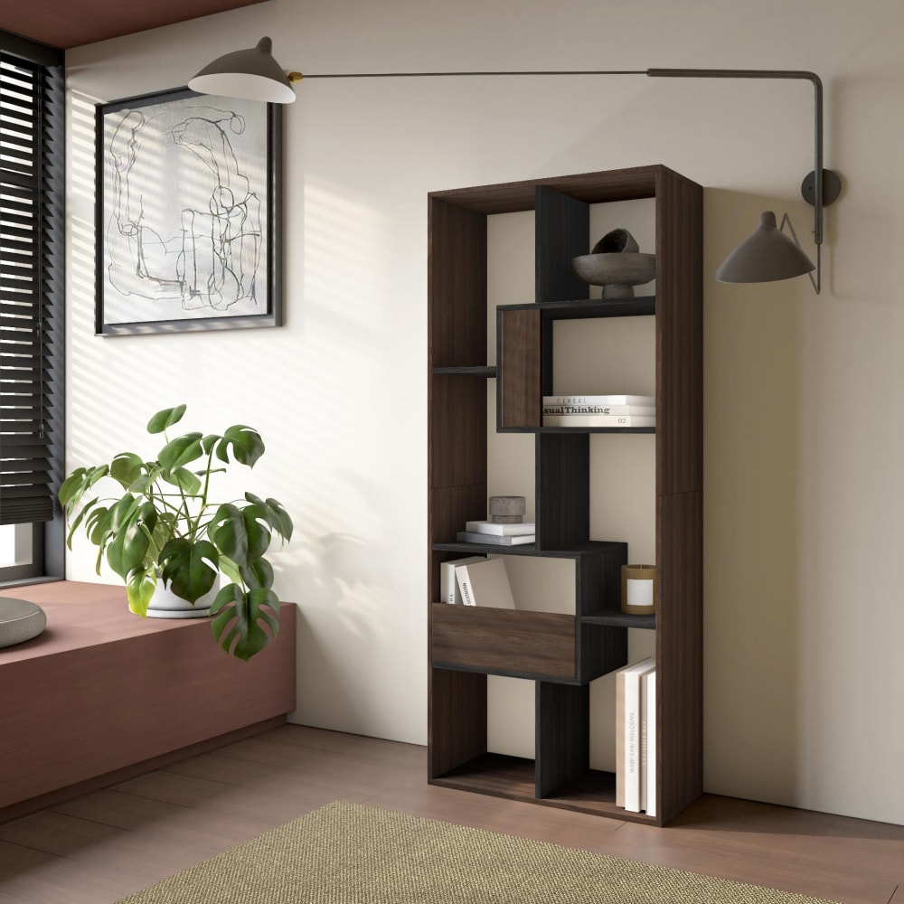 Skraut home Bücherregal Holzeffekt dunkle Eiche und schwarz 67x31x162cm style modern Mehrfarbig Spanplatte