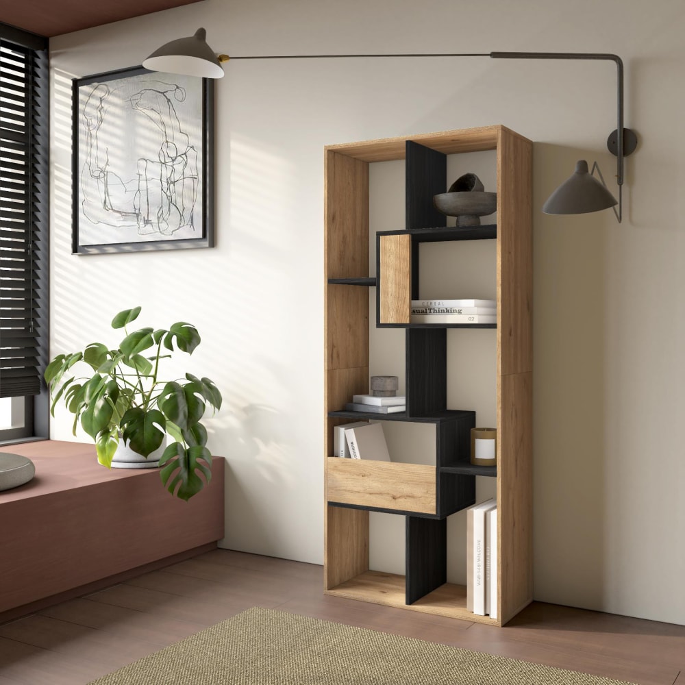 Skraut home Bücherregal Holzeffekt eiche und schwarz 67x31x162cm style modern Mehrfarbig Spanplatte