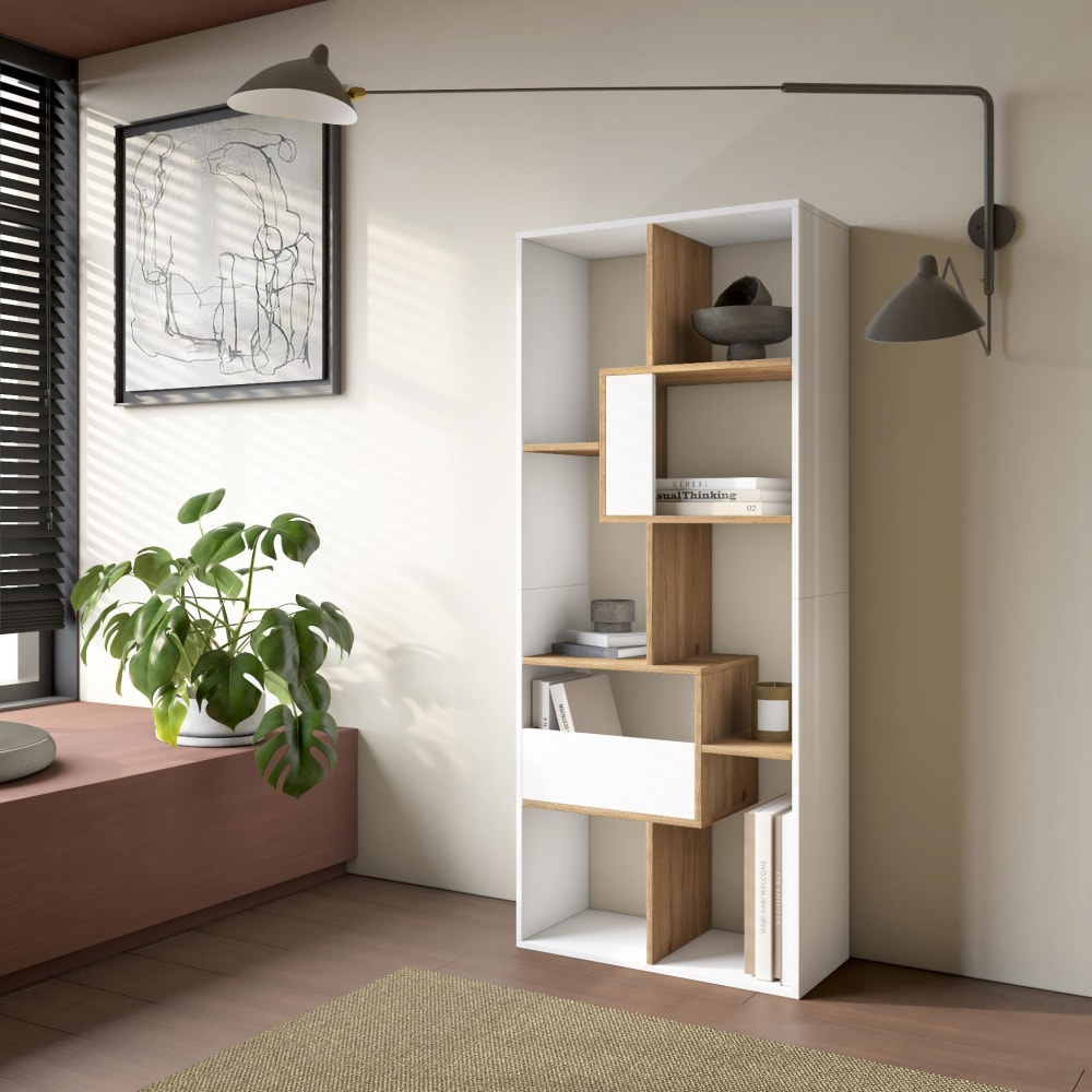 Skraut home Bücherregal Holzeffekt weiß und eiche 67x31x162cm style modern Mehrfarbig Spanplatte