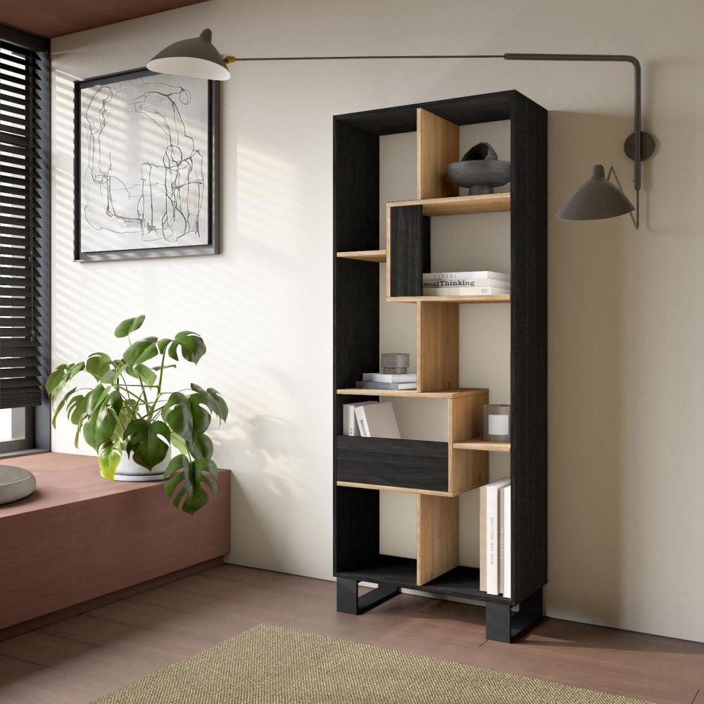 Skraut home Bücherregal Holzeffekt schwarz und eiche 67x31x174cm mit Beinen style modern Mehrfarbig Spanplatte