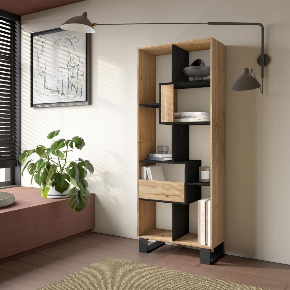 Skraut home Bücherregal Holzeffekt eiche und schwarz 67x31x174cm mit Beinen style modern Mehrfarbig Spanplatte