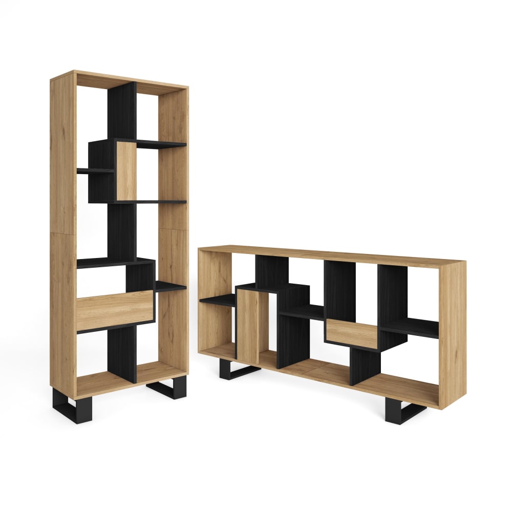 Bibliothèque effet bois de chêne et noir 67x31x174cm avec pieds