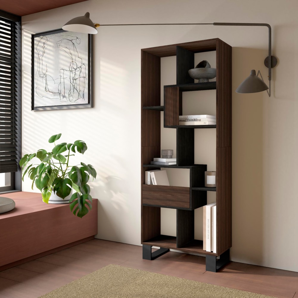 Skraut home Bücherregal Holzeffekt dunkle Eiche und schwarz 67x31x174cm mit Beinen style modern Mehrfarbig Spanplatte
