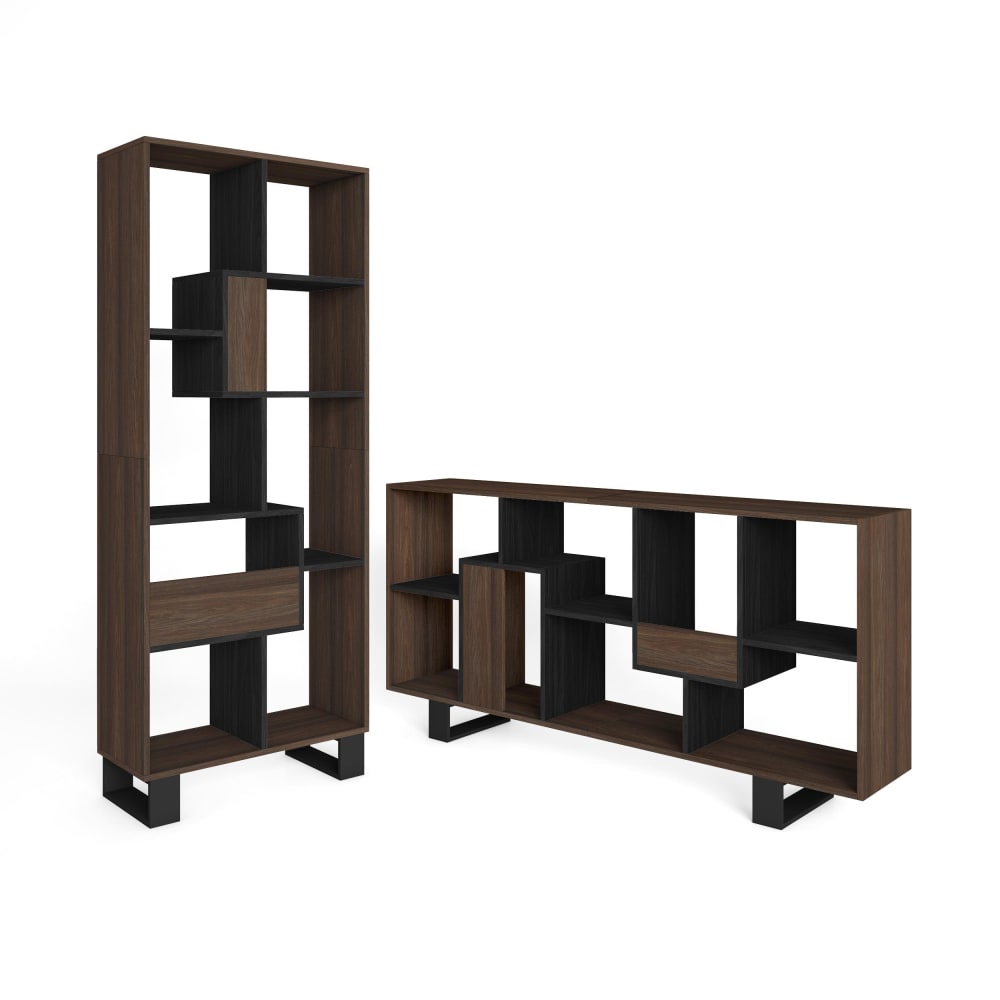Bibliothèque effet bois de chêne foncé et noir 67x31x174cm avec pieds