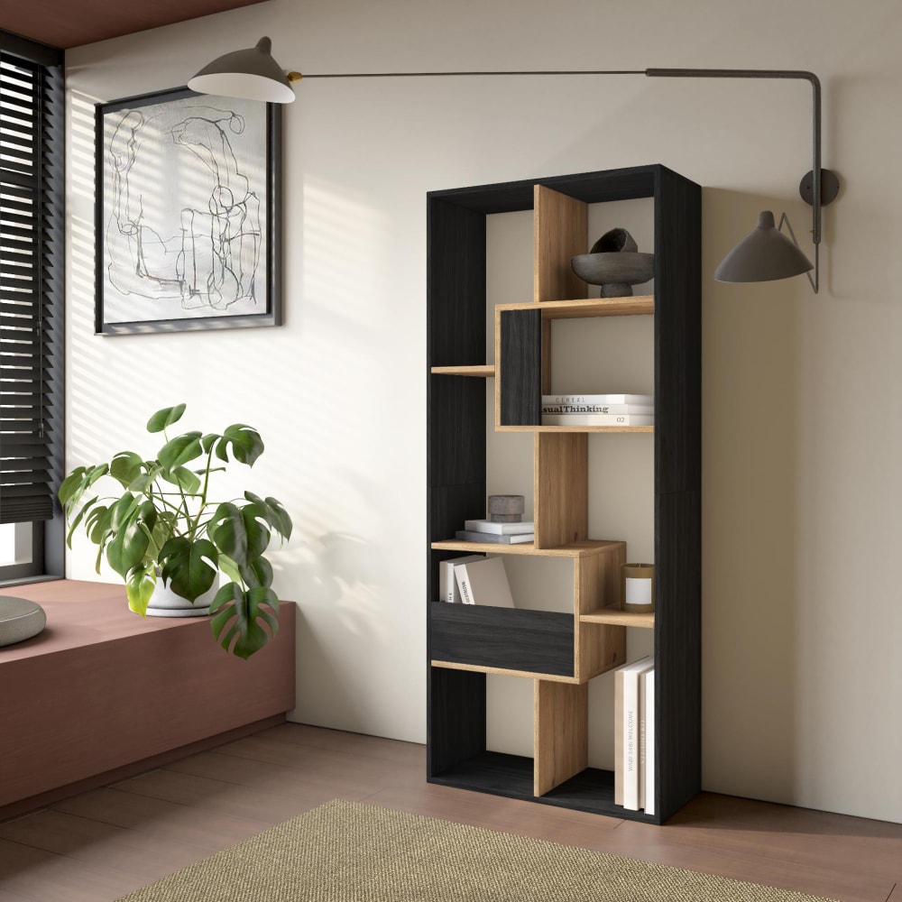 Skraut home Bücherregal Holzeffekt schwarz und eiche 67x31x162cm style modern Mehrfarbig Spanplatte