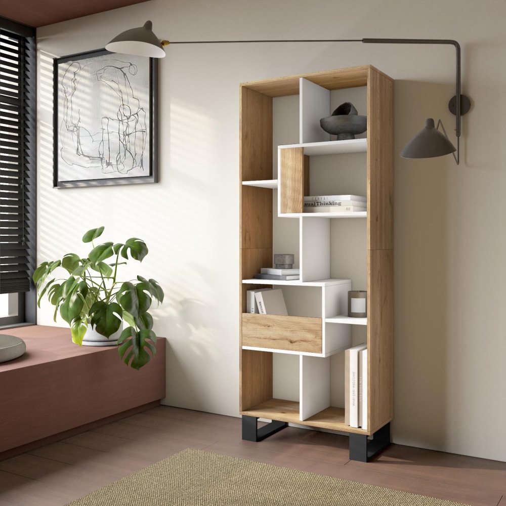 Skraut home Bücherregal Holzeffekt eiche und weiß 67x31x174cm mit Beinen style modern Mehrfarbig Spanplatte
