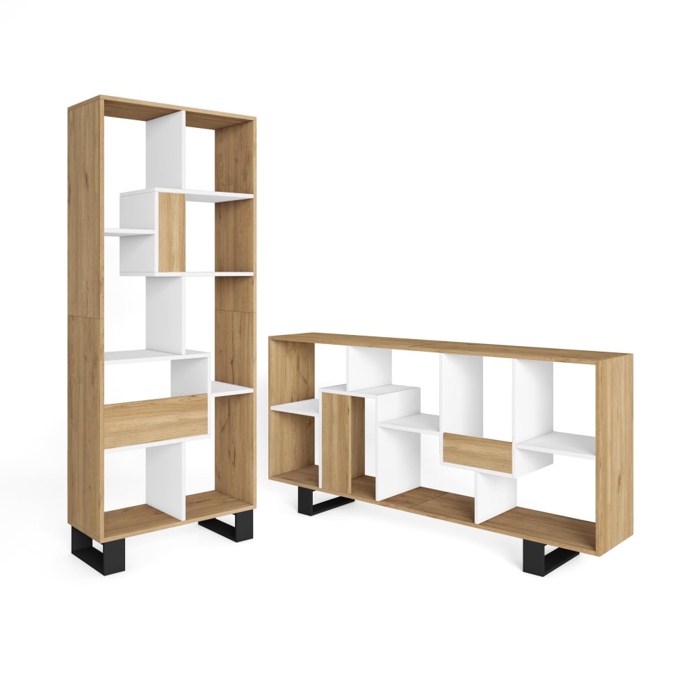 Bibliothèque effet bois de chêne et blanc 67x31x174cm avec pieds