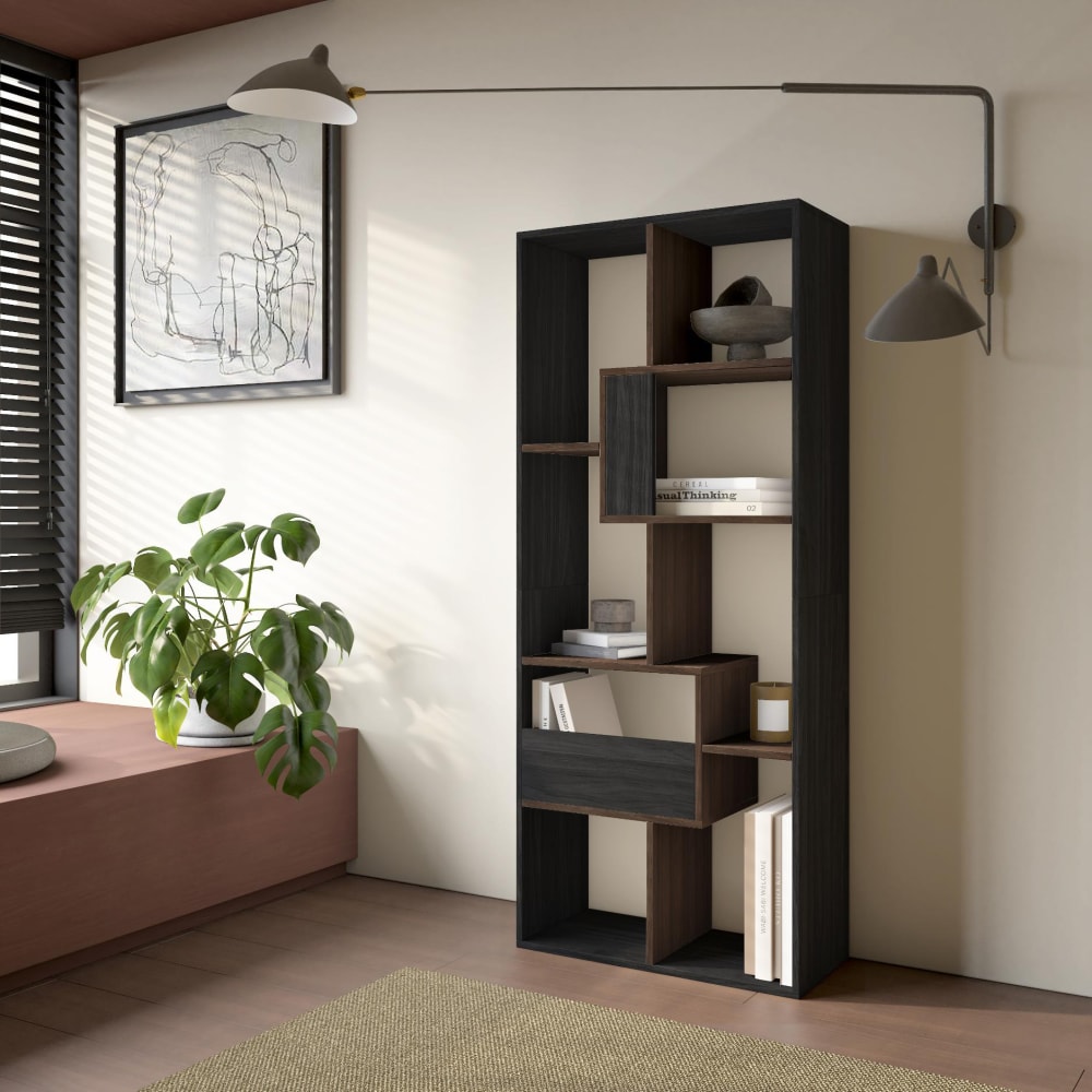 Skraut home Bücherregal in schwarzer Holzoptik und dunkler Eiche 67x31x162cm style modern Mehrfarbig Spanplatte