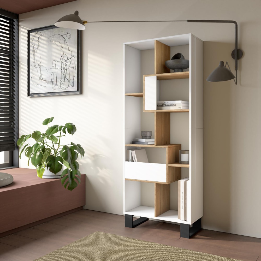 Skraut home Bücherregal Holzeffekt weiß und eiche 67x31x174cm mit Beinen style modern Mehrfarbig Spanplatte
