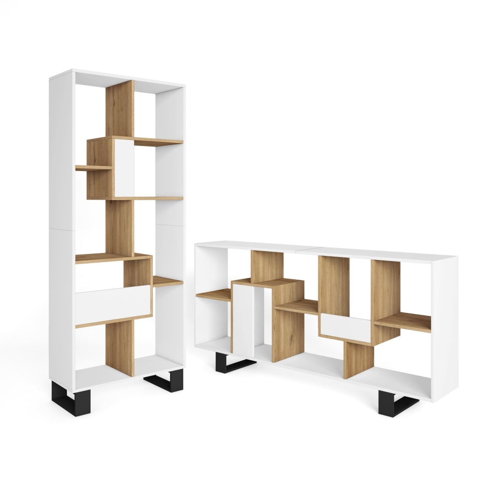 Bibliothèque effet bois blanc et chêne 67x31x174cm avec pieds