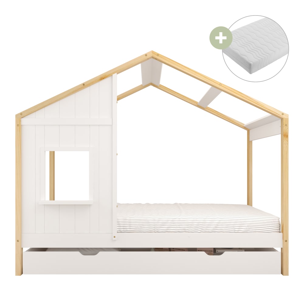 Lit cabane, tiroir de rangement avec matelas hybride blanc 90 x 200cm