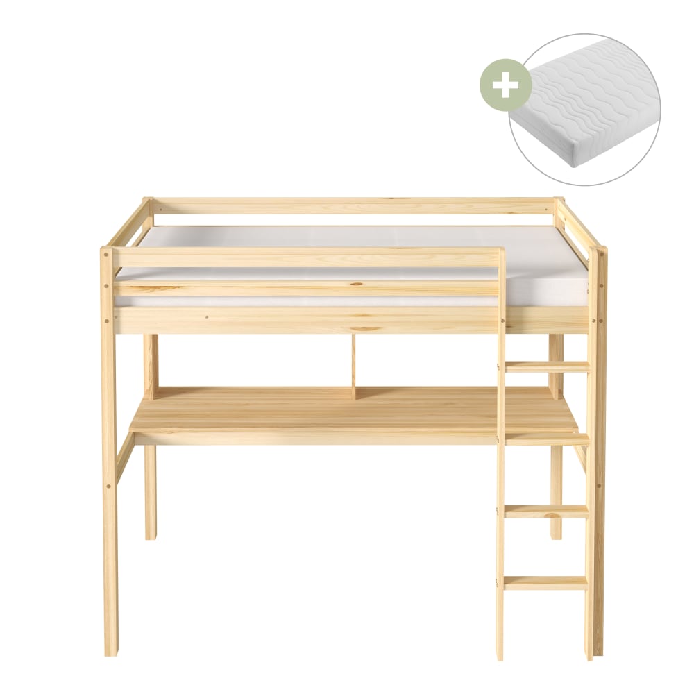 Lit mezzanine avec bureau avec matelas hybride beige 90 x 200cm