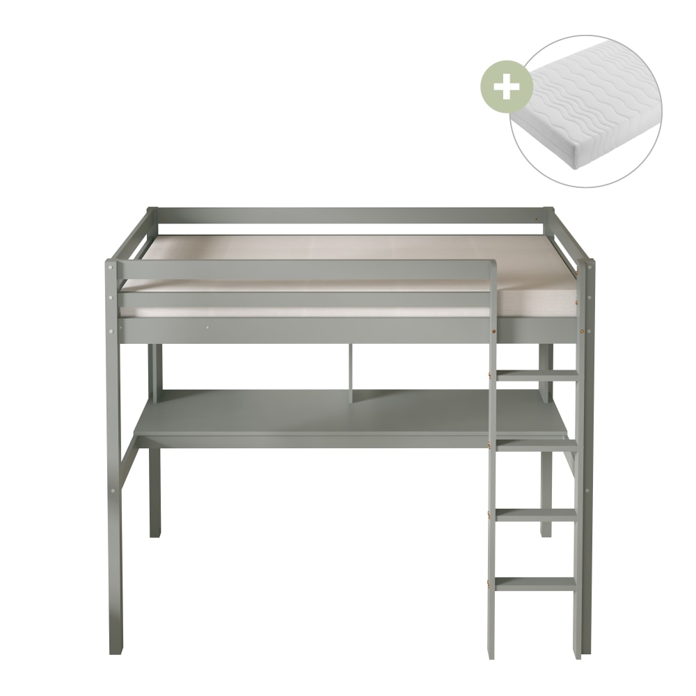 Lit mezzanine avec bureau avec matelas hybride gris 90 x 200cm