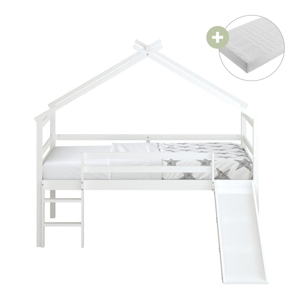Lit enfant avec toboggan avec matelas hybride blanc 90 x 200cm