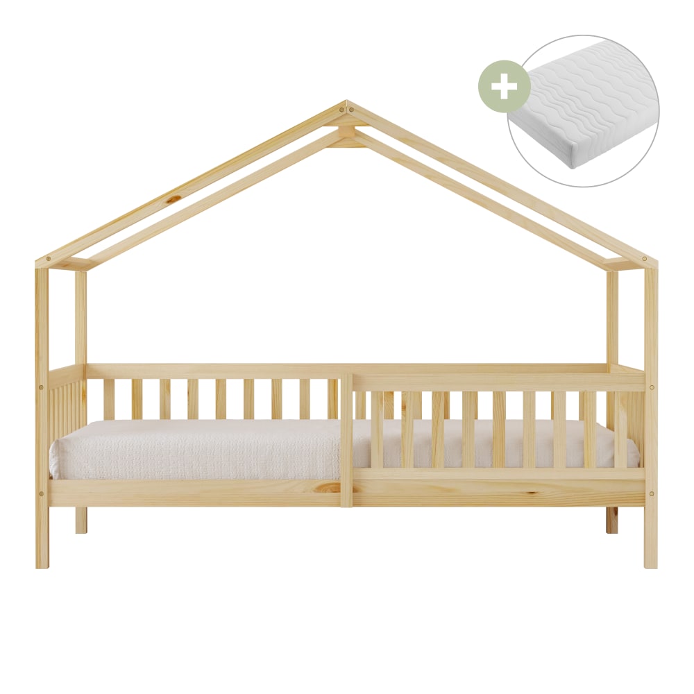 Lit cabane, barrière de sécurité avec matelas hybride beige 90 x 200cm