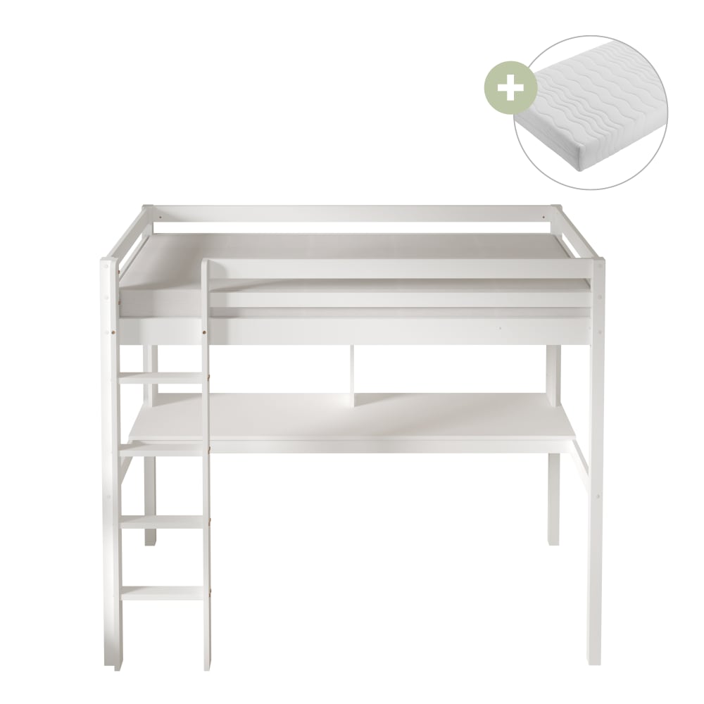 Lit mezzanine avec bureau avec matelas hybride blanc 90 x 200cm