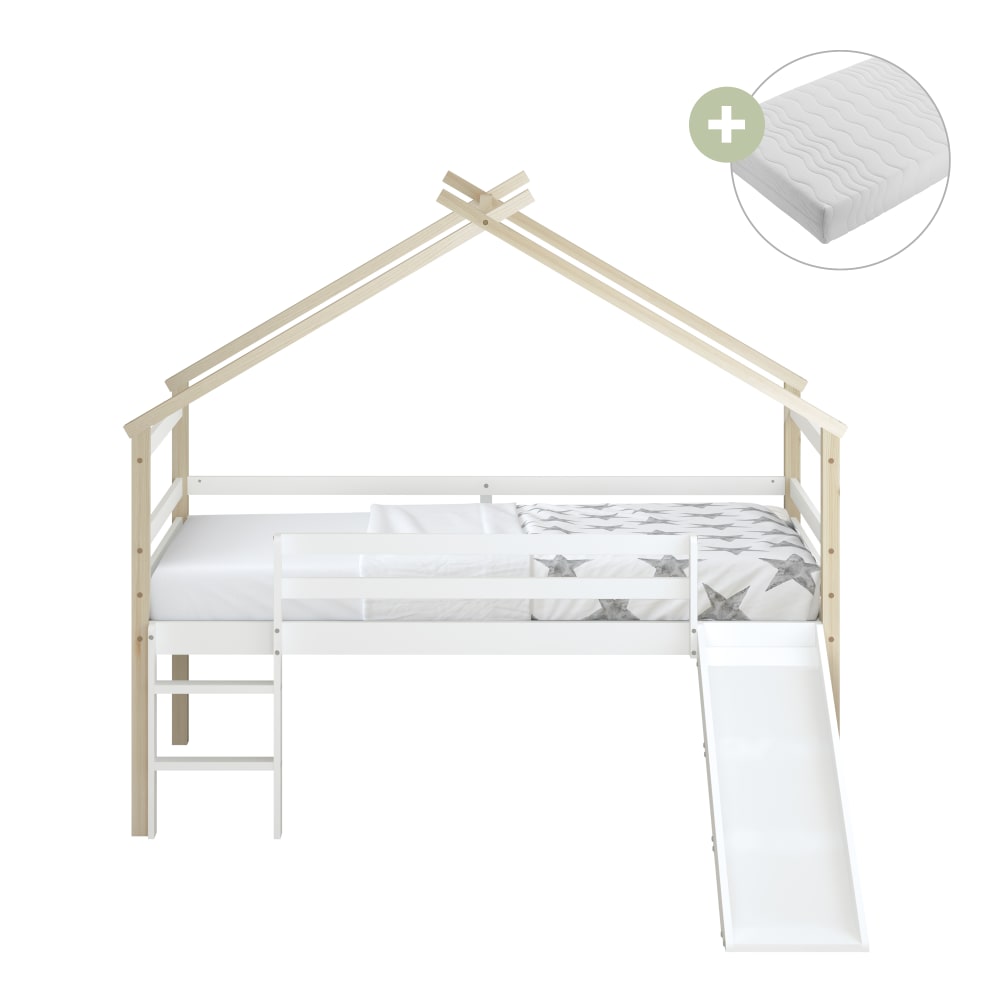 Lit enfant avec toboggan avec matelas hybride marron 90 x 200cm