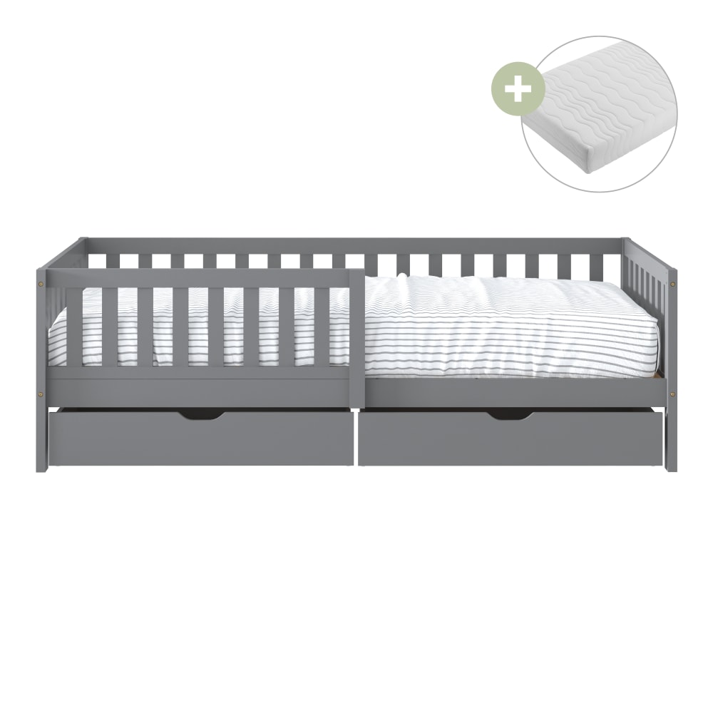 Lit enfant avec 2 tiroirs avec matelas hybride gris 90 x 200cm