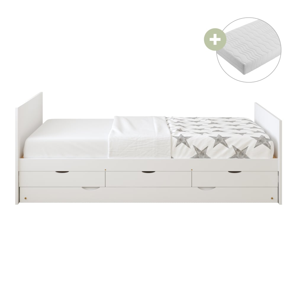 Sunny Kinderbett mit Ausziehbett, Weiß, mit Matratze - 206,5 x 97 x 75 cm style modern WEISS HOLZ Baby