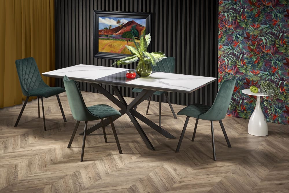 Ausziehbarer Tisch 160/200×90 cm, Keramik-Marmoroptik, schwarze
