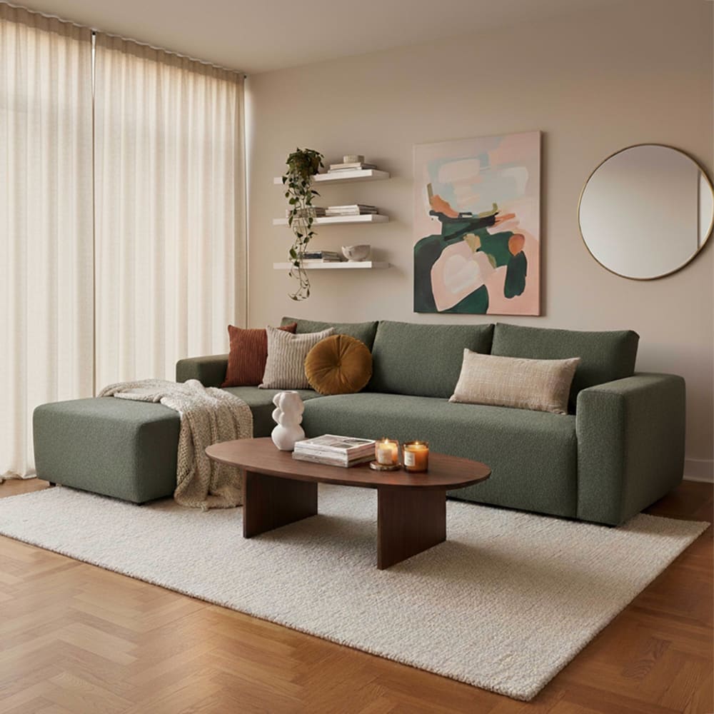 Canapé d'angle 4 places bouclette avec méridienne gauche vert L265 cm