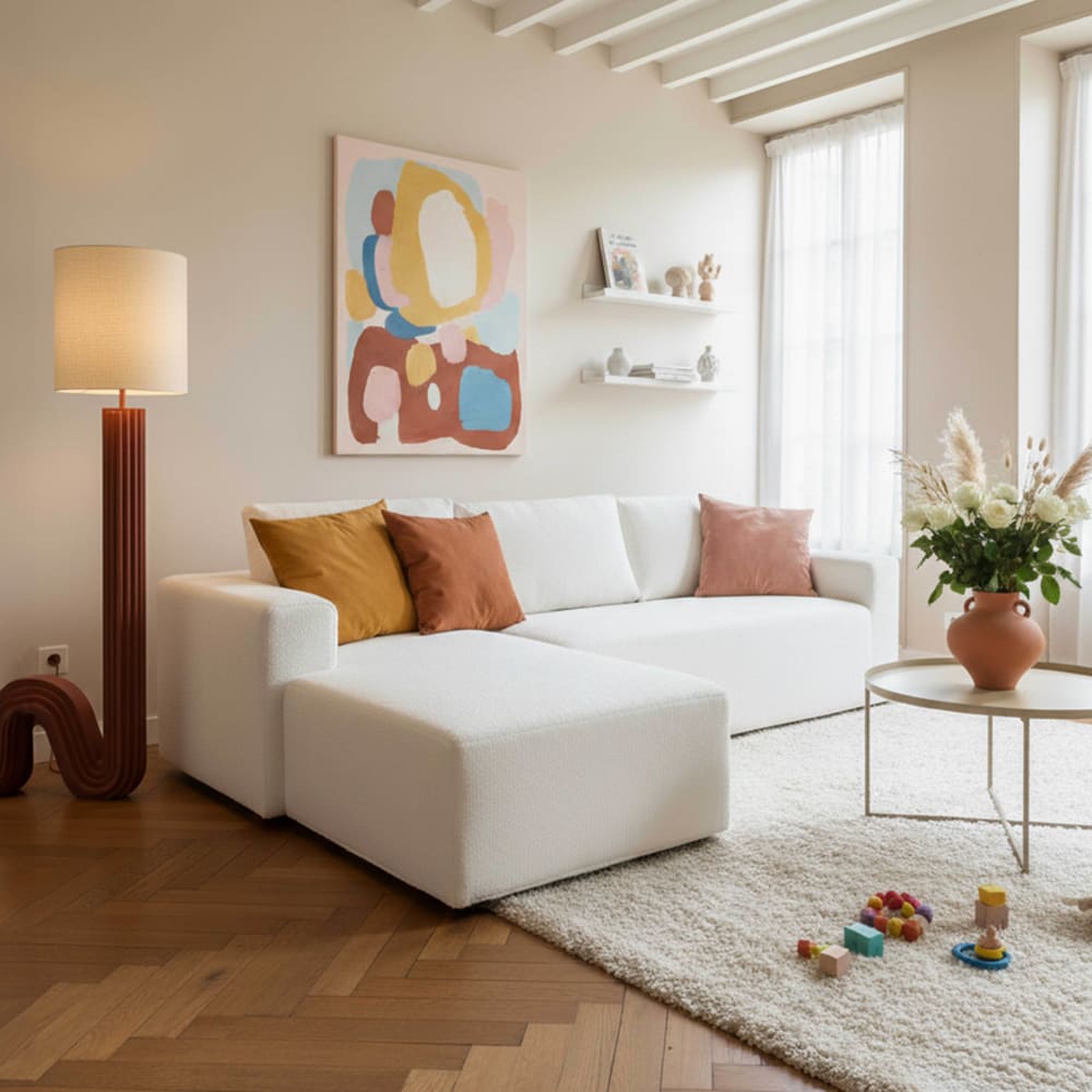 Canapé d'angle 4 places bouclette avec méridienne gauche écru L265 cm