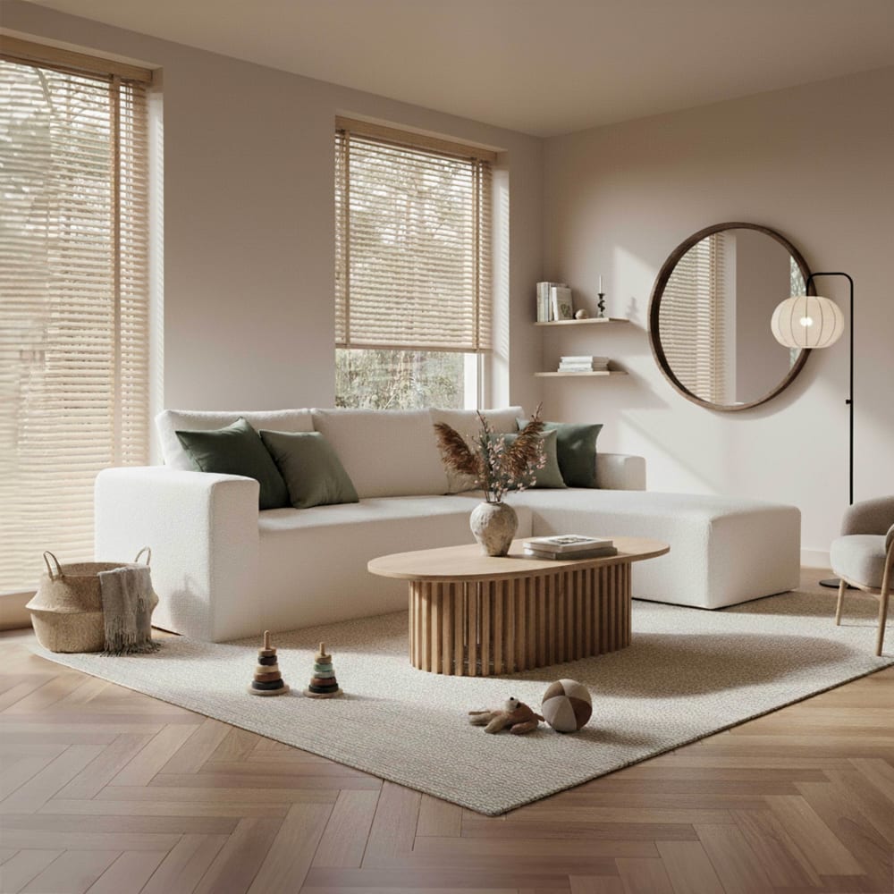 Canapé angle droit 4 places tissu bouclette et méridienne écru L265 cm