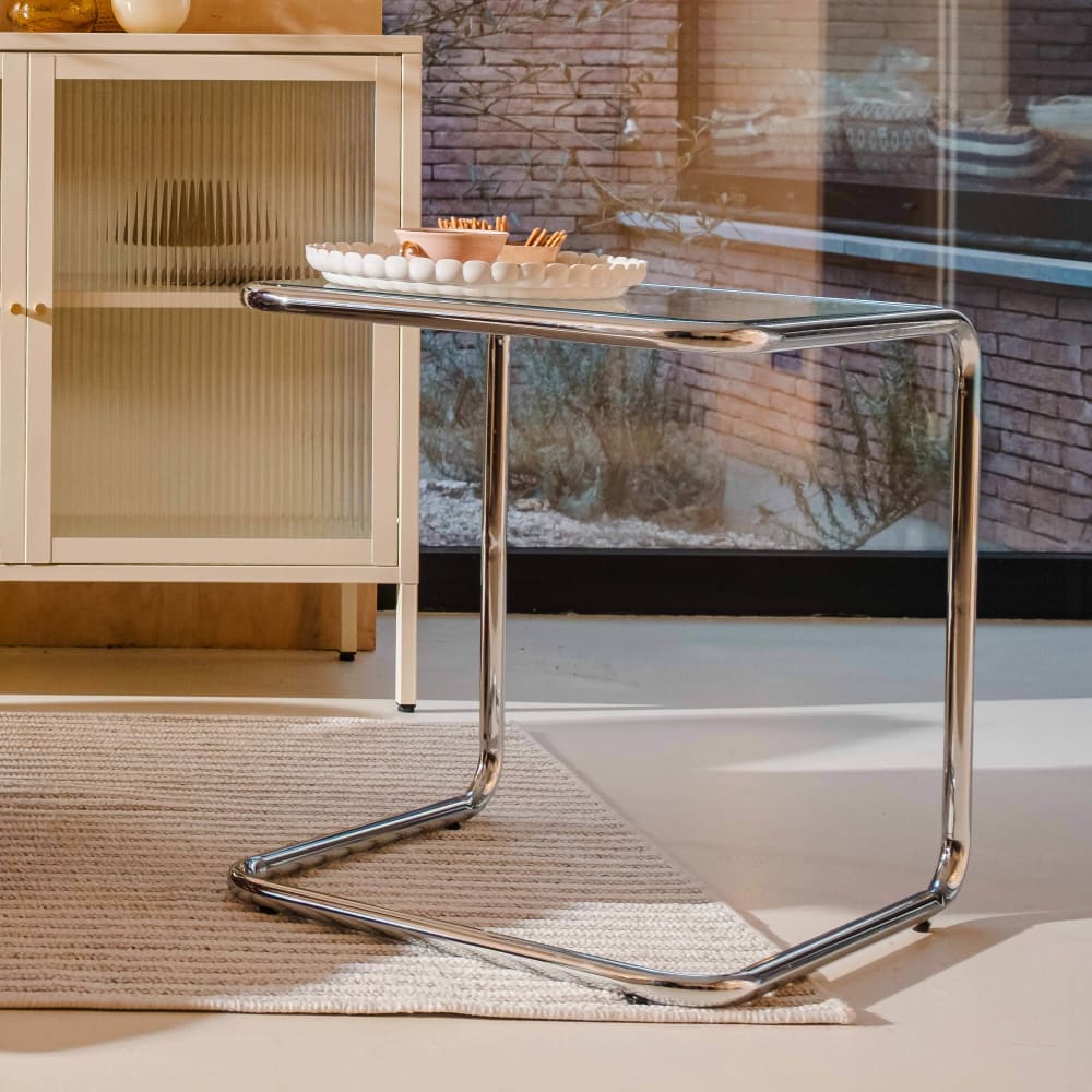 Quadratischer Couchtisch (L 50 cm) aus Metall und Klarglas -