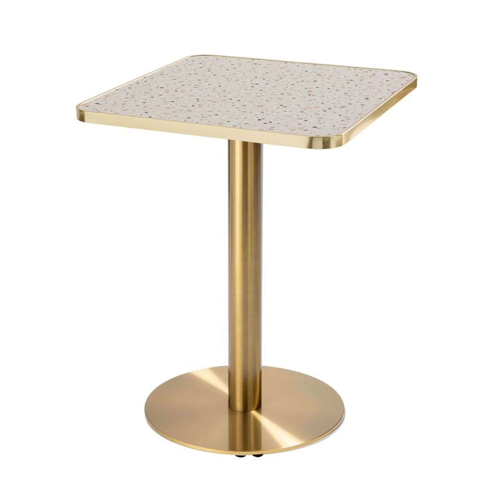 Table à manger 60 x 60 cm pied doré et revêtement terrazzo/doré