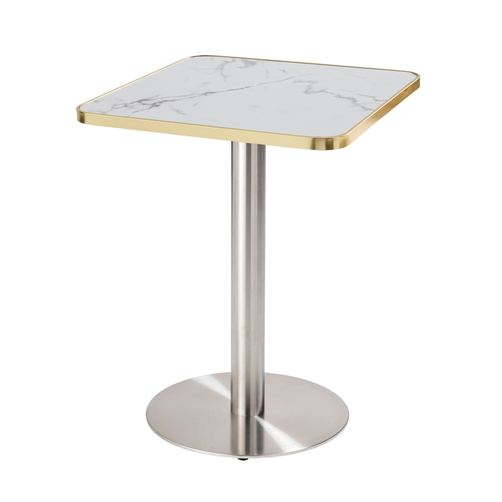 Table à manger 60 x 60 cm pied argent et revêtement marbre blanc/doré