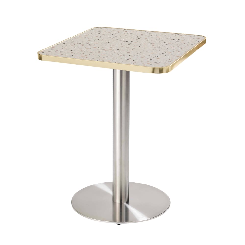 Table à manger 60 x 60 cm pied argent et revêtement terrazzo/doré