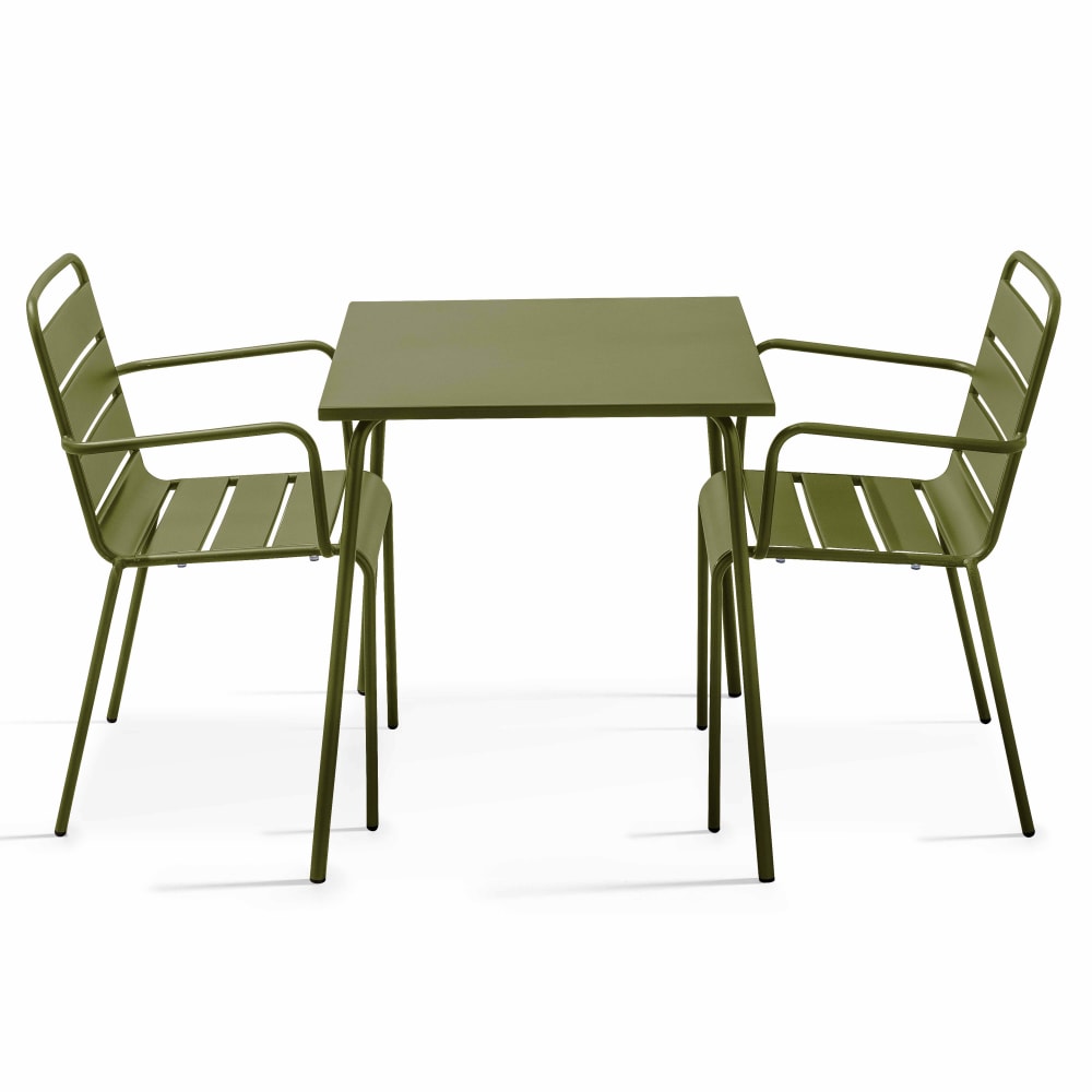Ensemble table de jardin carrée et 2 fauteuils acier Vert Kaki