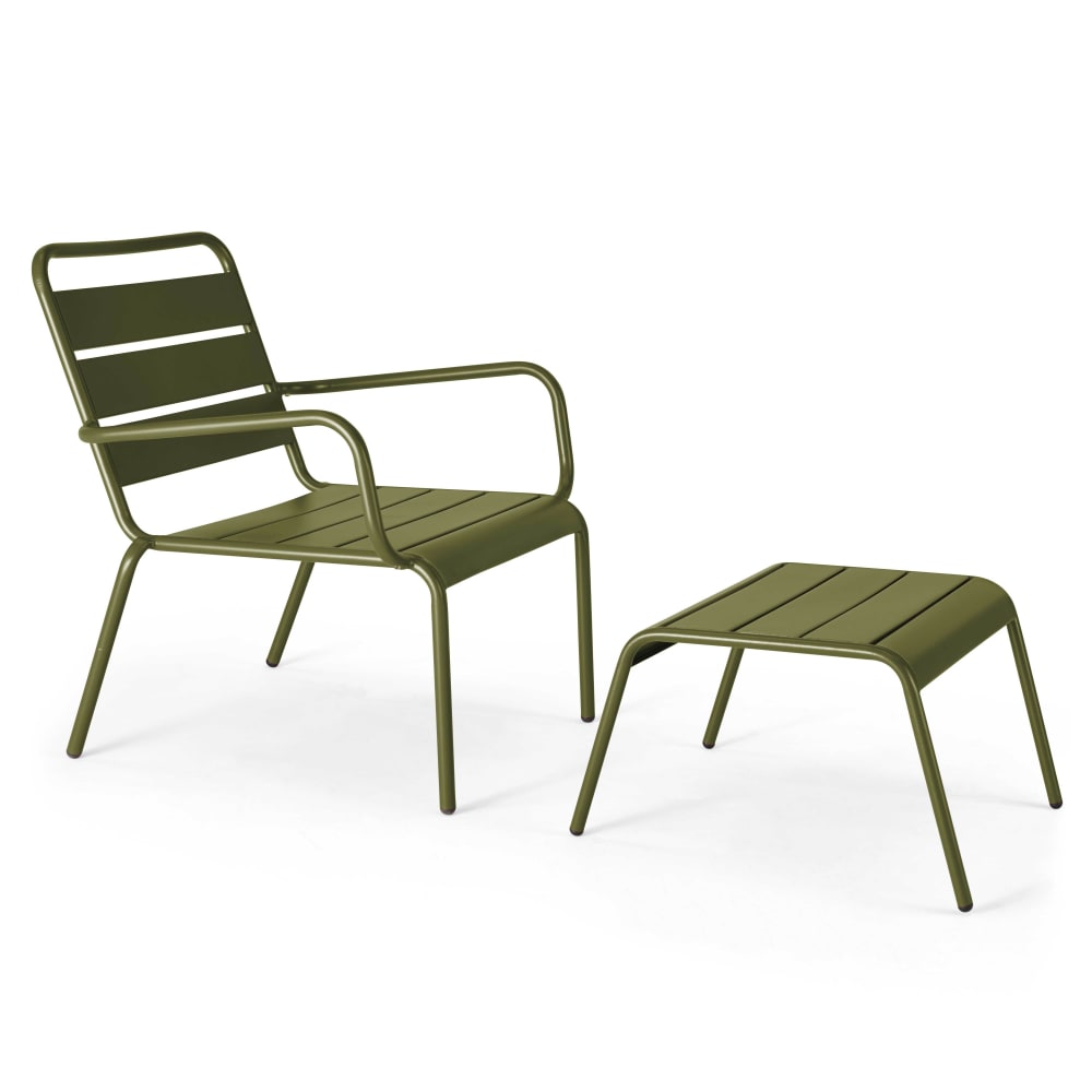 Fauteuil relax et repose pied en métal Vert Kaki
