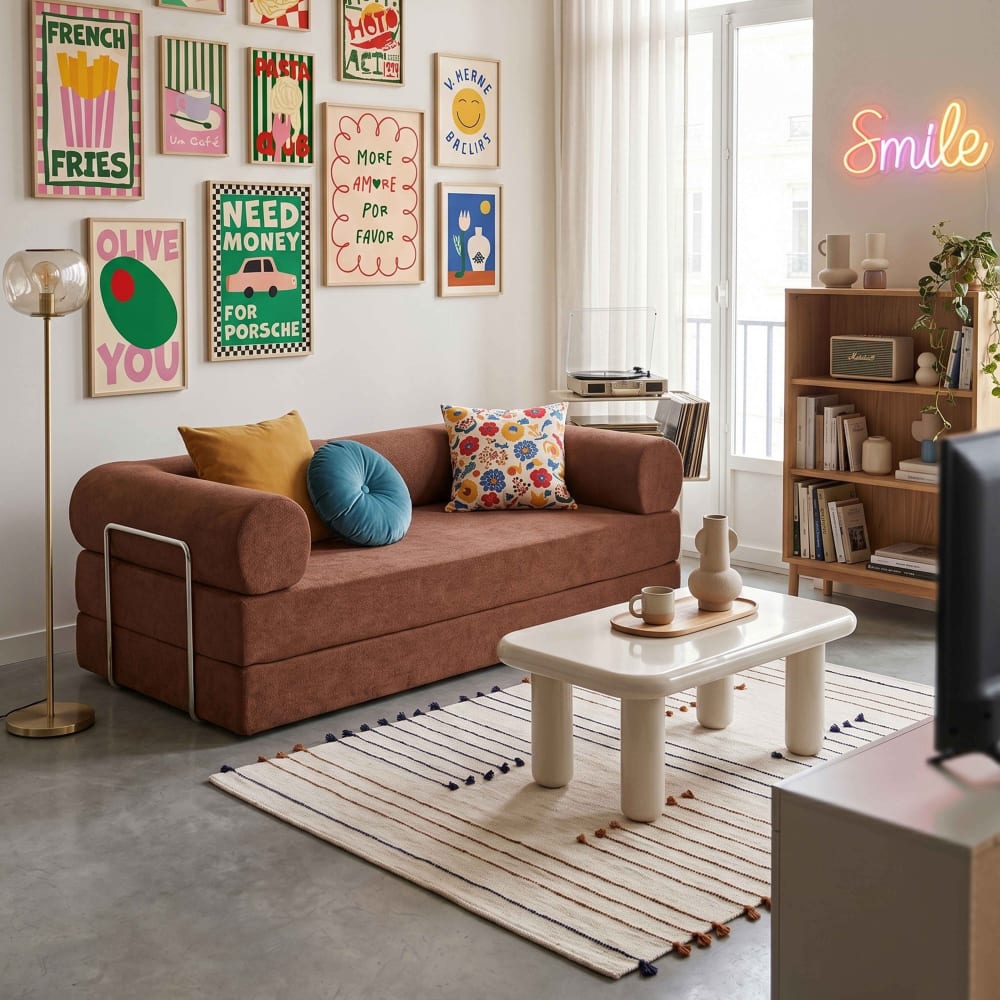 2-Sitzer-Schlafsofa aus Stoff mit braunen modularen Kissen L 204