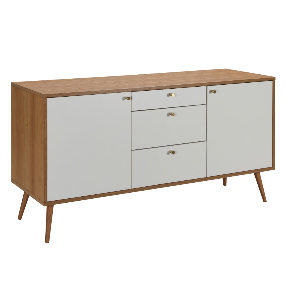 Buffet scandinave effet bois clair 2 portes 3 tiroirs 150 cm blanc