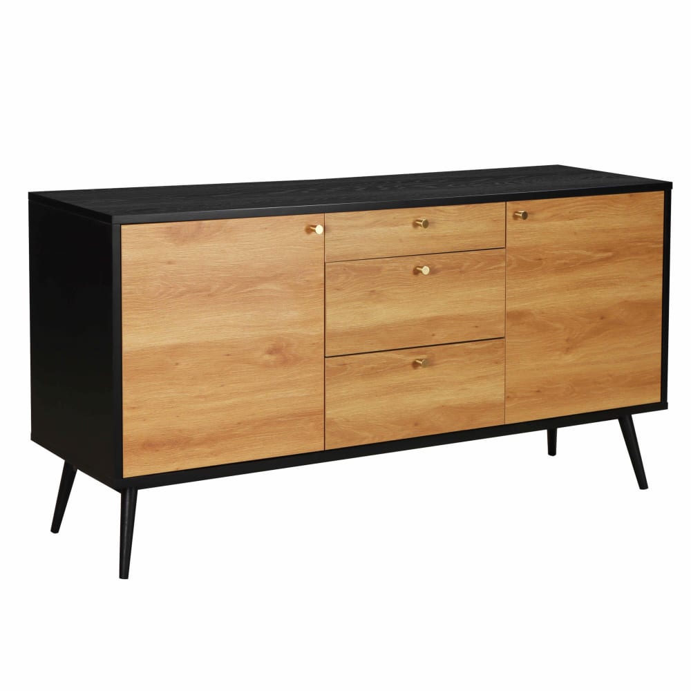 Buffet scandinave effet bois clair 2 portes 3 tiroirs 150 cm noir