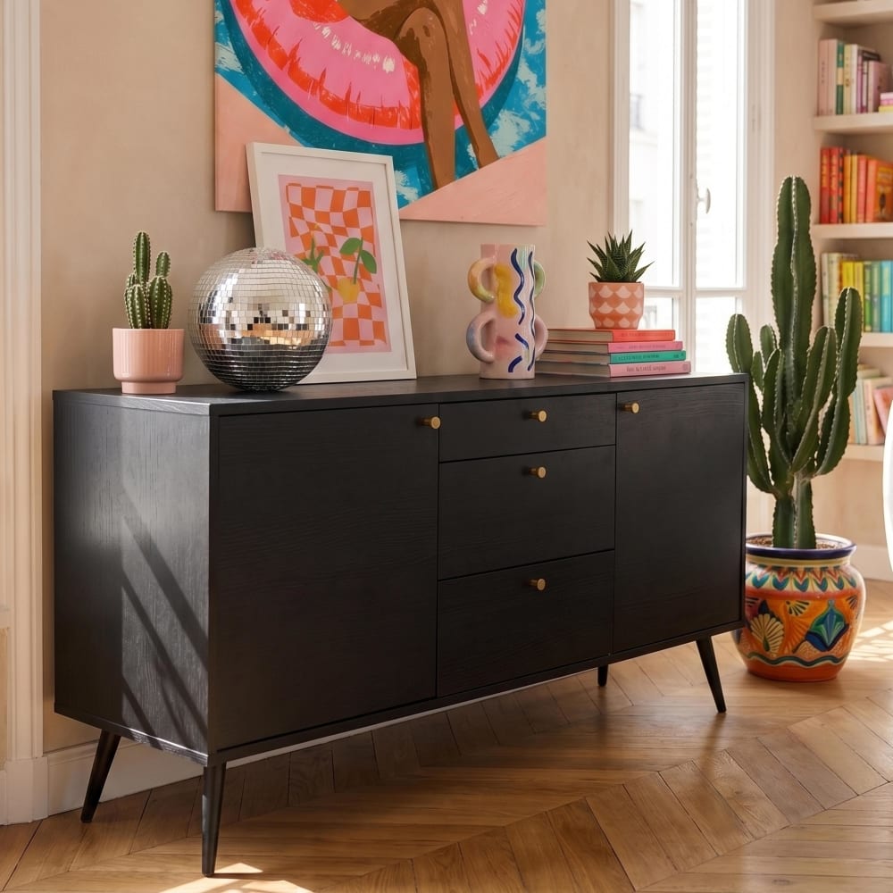 Designer-Sideboard aus dunklem Holz mit 2 Türen und 3 Schubladen