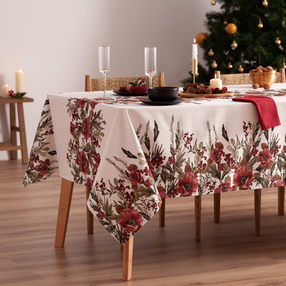Weihnachtstischdecke Baumwolle rote Blumen 155x400 cm - Maisons
