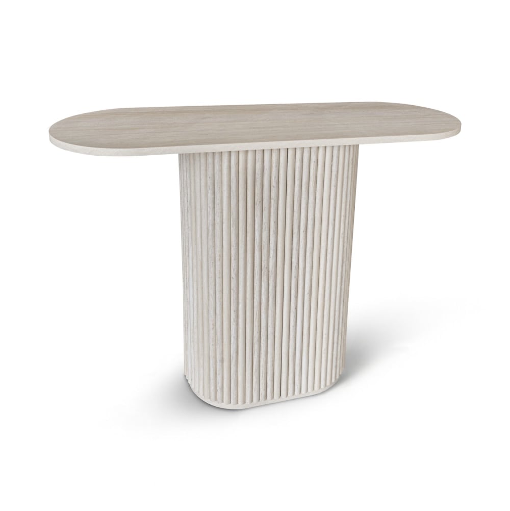 Console ovale en effet travertin et pied strié