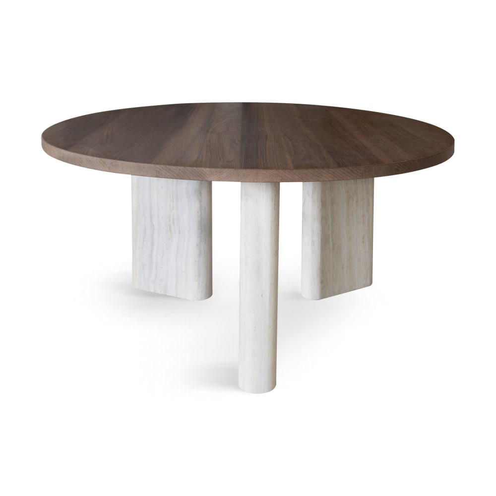 Table basse ronde avec plateau foncé et pied en effet travertin 80cm