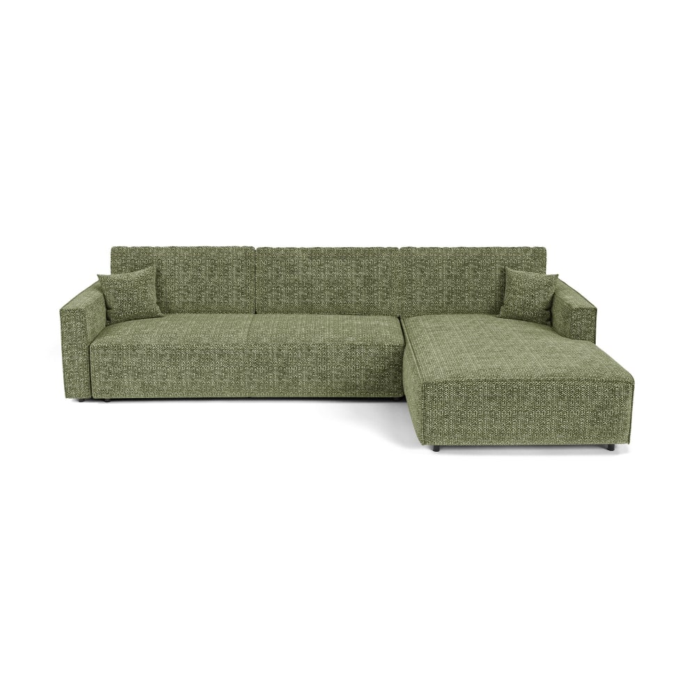 Canapé d'angle droit coffre convertible 3 places tissu tweed vert