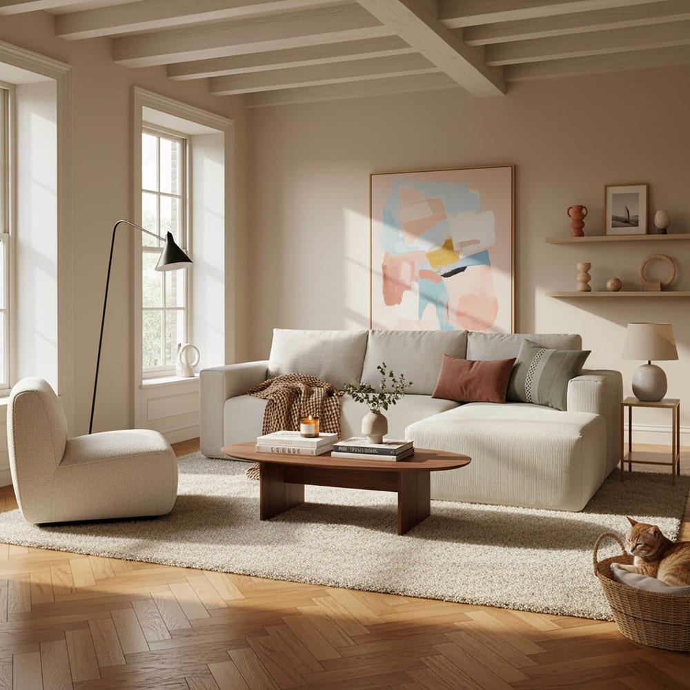 Canapé d'angle 4 places avec méridienne droite écru L 265 cm