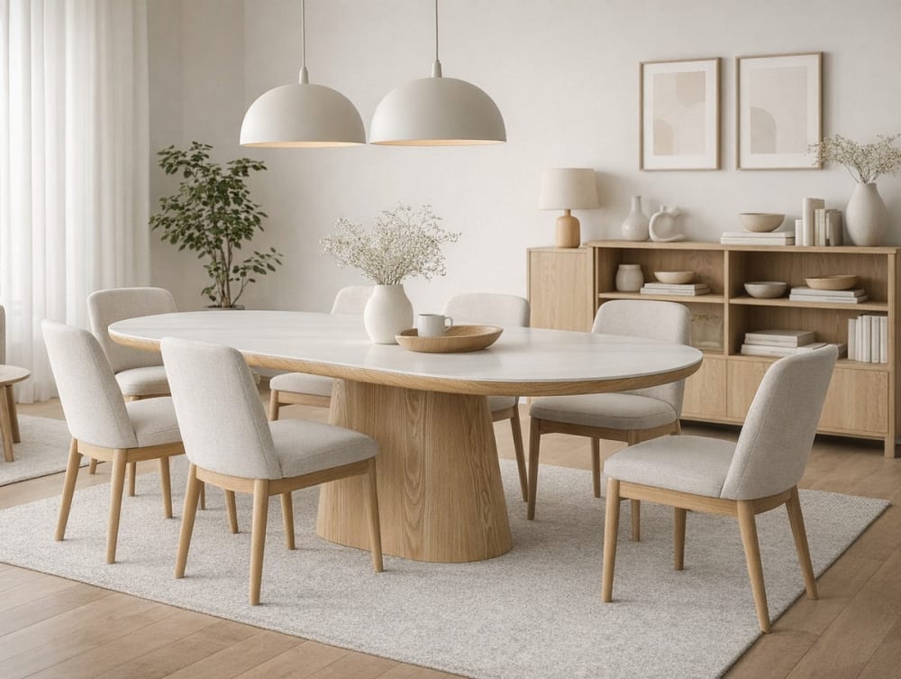 Table de repas ovale chêne plateau effet Marbre L180