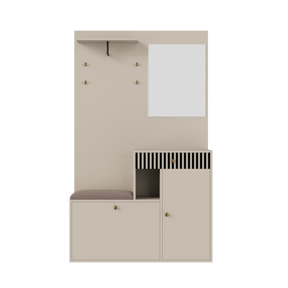 Urban Meuble Eingangsbereich mit Spiegel, Bank, 2 Türen, 1 Schublade, Weiß Mehrfarbig Spanplatte