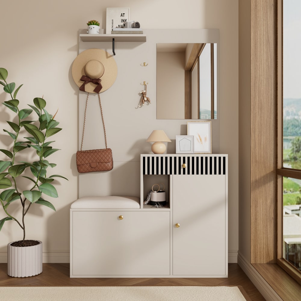 Vestiaire à l'entrée blanc avec miroir banc 2 portes 1 tiroir