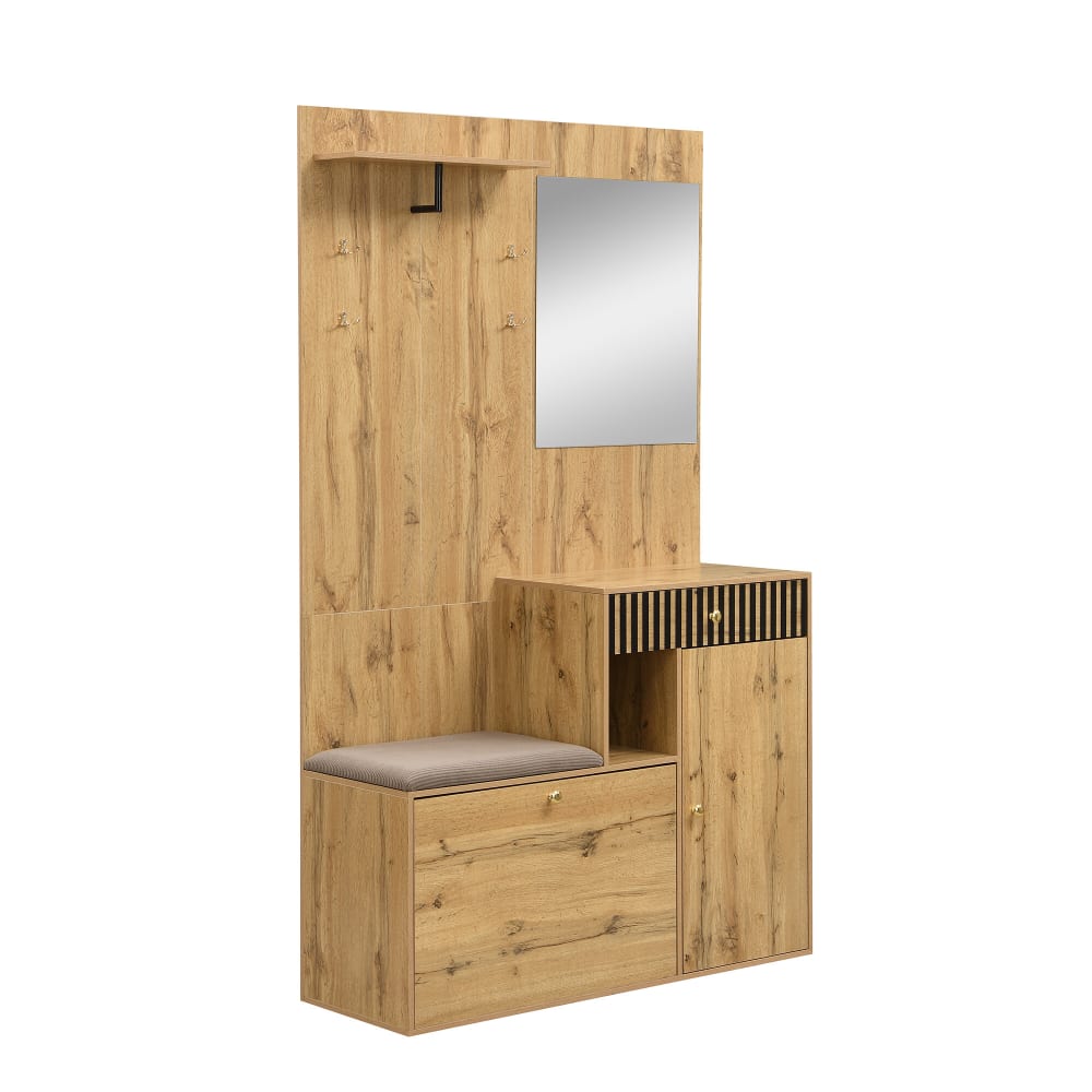 Vestiaire à l'entrée avec miroir, banc, et meuble de à chaussures
