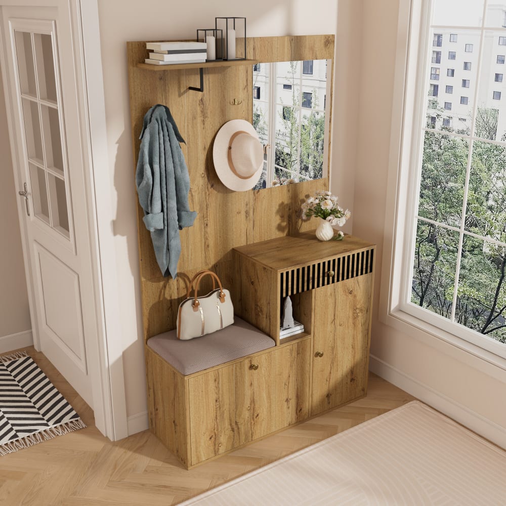 Vestiaire à l'entrée avec miroir, banc, et meuble de à chaussures