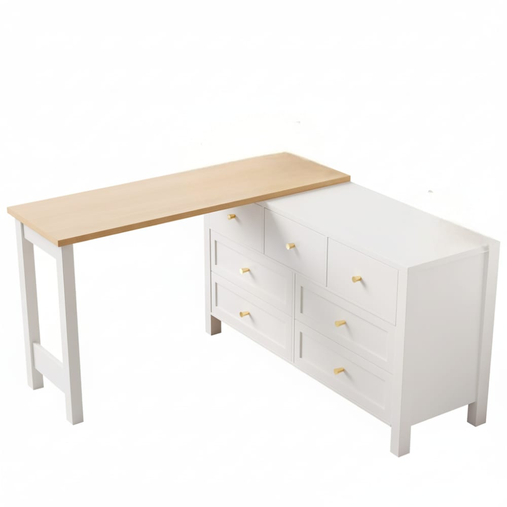 Bureau rétratable 360° effet chêne avec armoire blanc 7 tiroirs